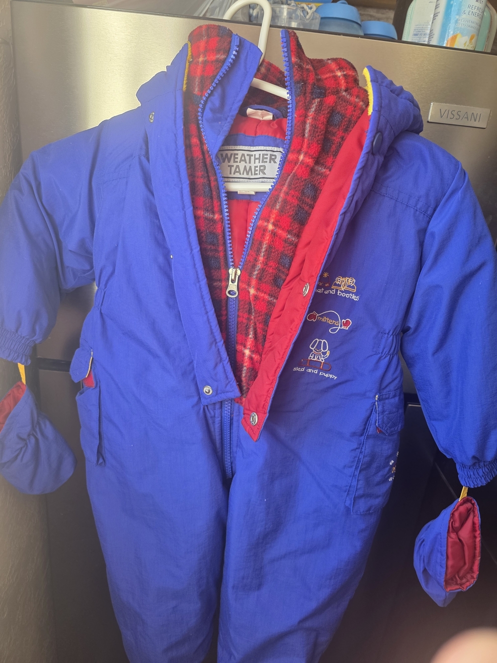 Vintage Weather Tamer Kids Blue Puffer Snowsuit with Red Plaid Lining